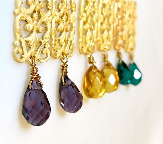 Drop earrings. Crystal earrings. Gold chandelier. Purple. Amethyst. Yellow. Citrine. Green. Emerald. Filigree. SHAMROCK