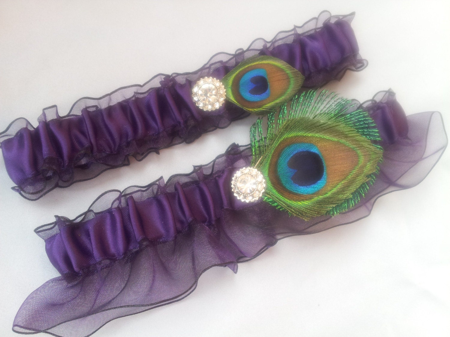 Purple Peacock Garter Set Rhinestone Accented Sheer Peacock Feather Bridal Wedding Garter Set