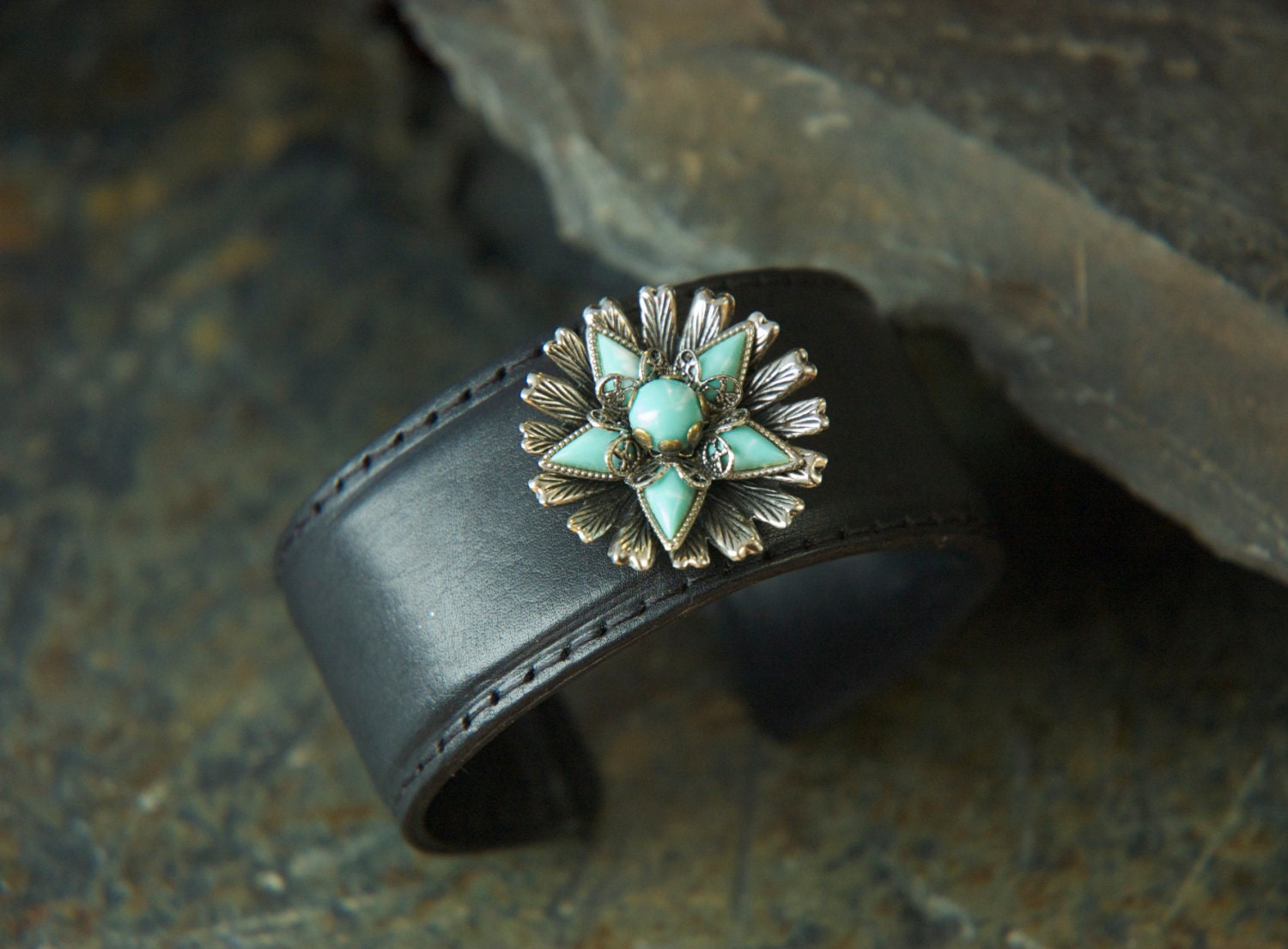 Vintage Charm Cuff Bracelet - Green Flower on Black Leather Cuff