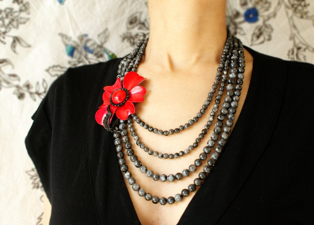 Statement red flower necklace, Vintage black red flower statement necklace, multiple strands labradorite gemstones statement necklace
