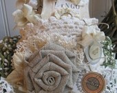 vintage crochet pocket- farmhouse style parisian pocket full of tags- mothers day gift- handmade sewn pocket decoration