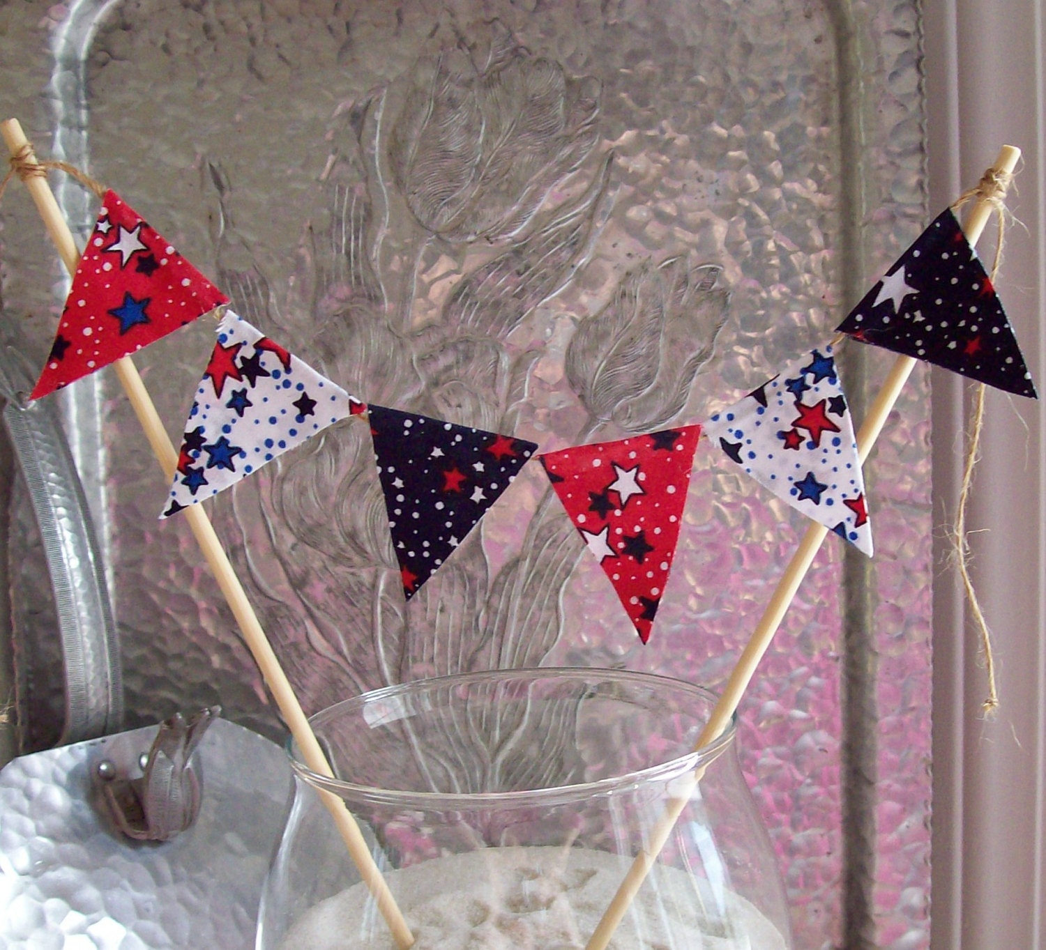 Fabric Bunting - Fourth Of July Cake Topper -Handmade Cake Bunting, Birthday Party Decor - Pie Topper -Mini Banner