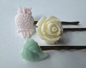 Contemporary and Vintage Hair Pin Pack Ivory Rose, Pink Owl and Green Leaf