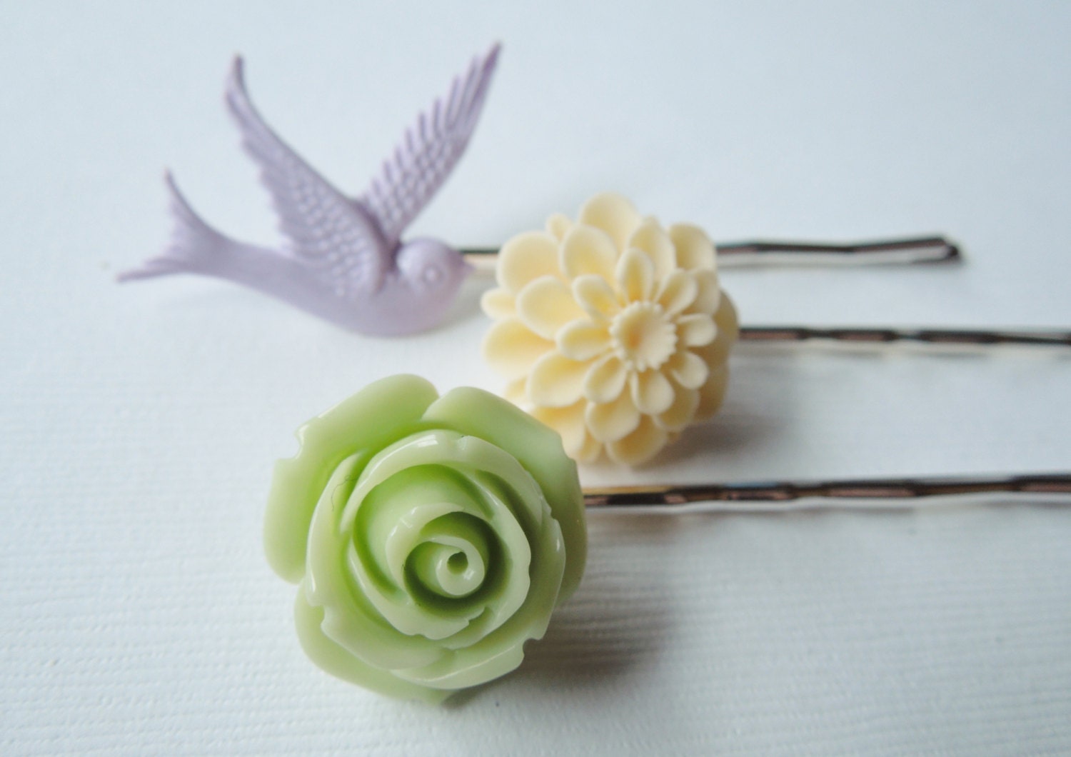 Contemporary Hair Pin Pack Green Rose, Ivory Mum Flower and Lilac Dove
