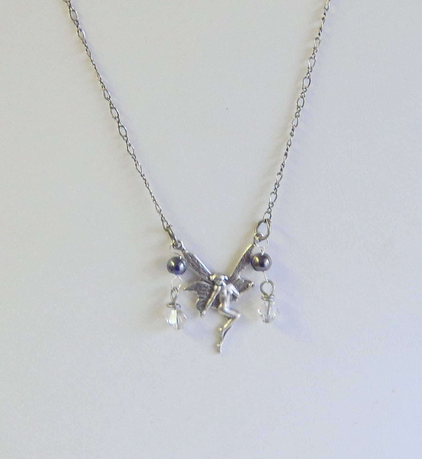 Necklace Antique Silver Plated Fairy with Swarovski Crystals and Glass Beads Figure Eight Chain