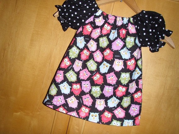 Owl ANd polka dots top  CHILDS peasant tunic top (available in sizes 1  to 4)