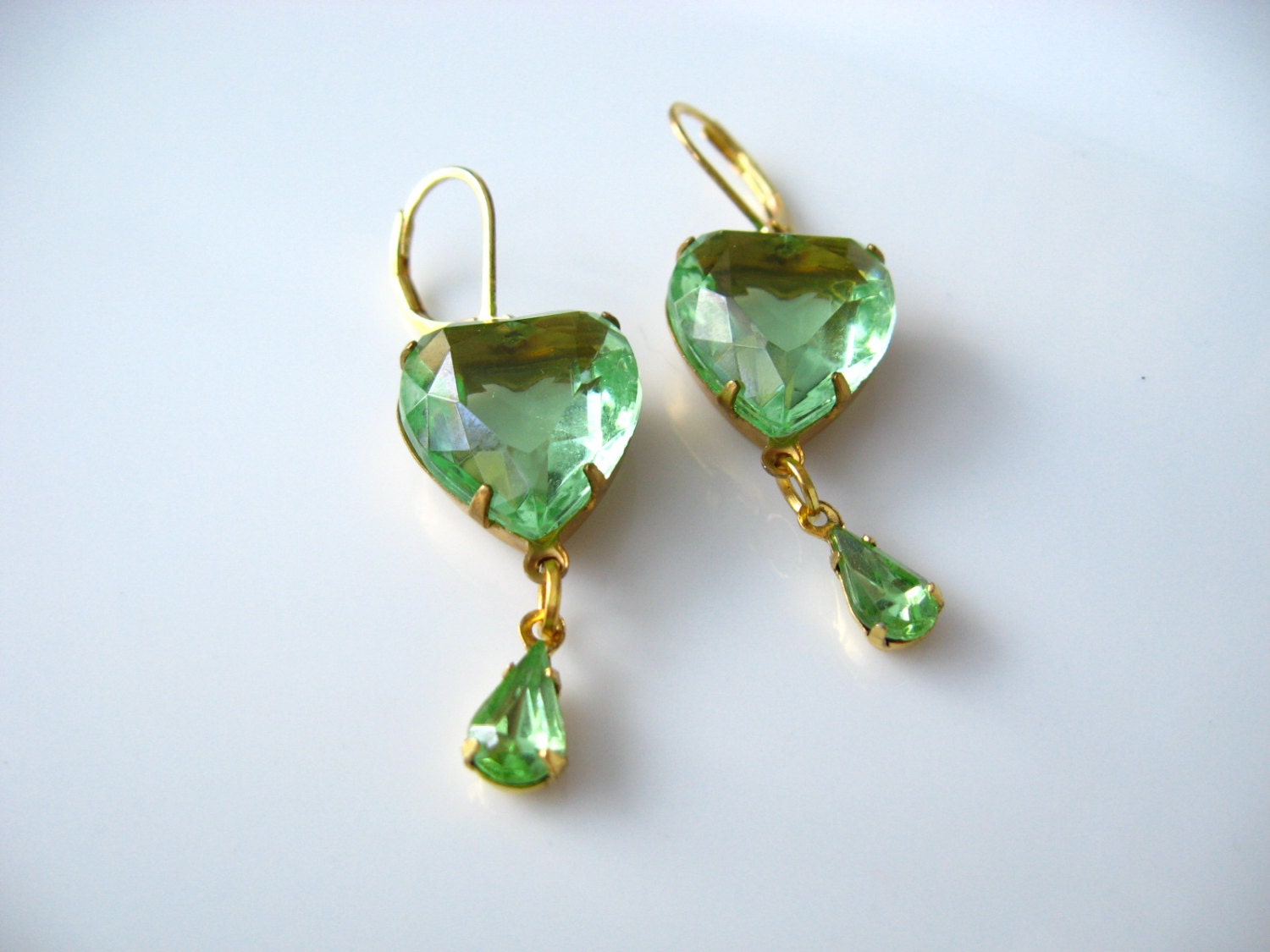 Heart Earrings - Valentine Dangles - Vintage Peridot Green Crystal - Love - Teardrop Dangles - Gold Brass - Feminine, Romantic - Gift Box