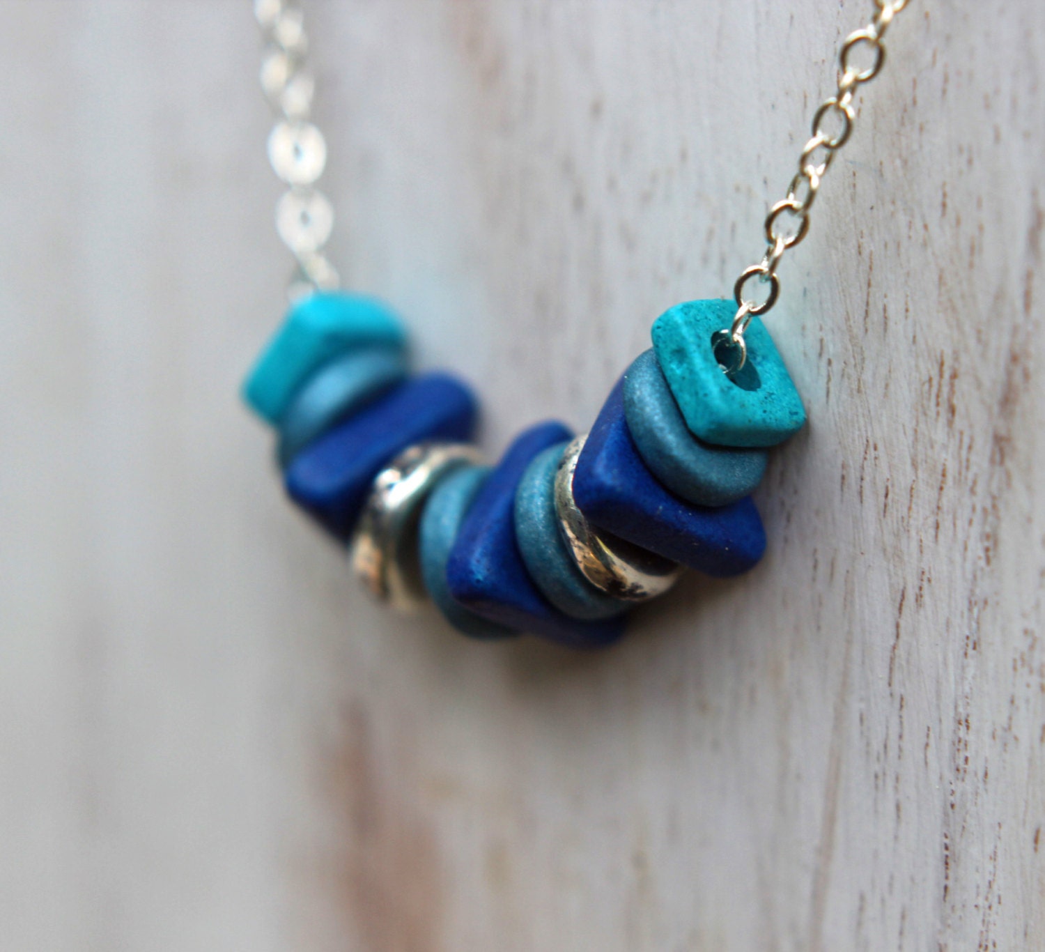 Geometric Ceramic Necklace in Turquoise Blue,  Metallic Teal Blue, Silver and Cobalt BlueTriangles - Ocean Hues - Gift Box