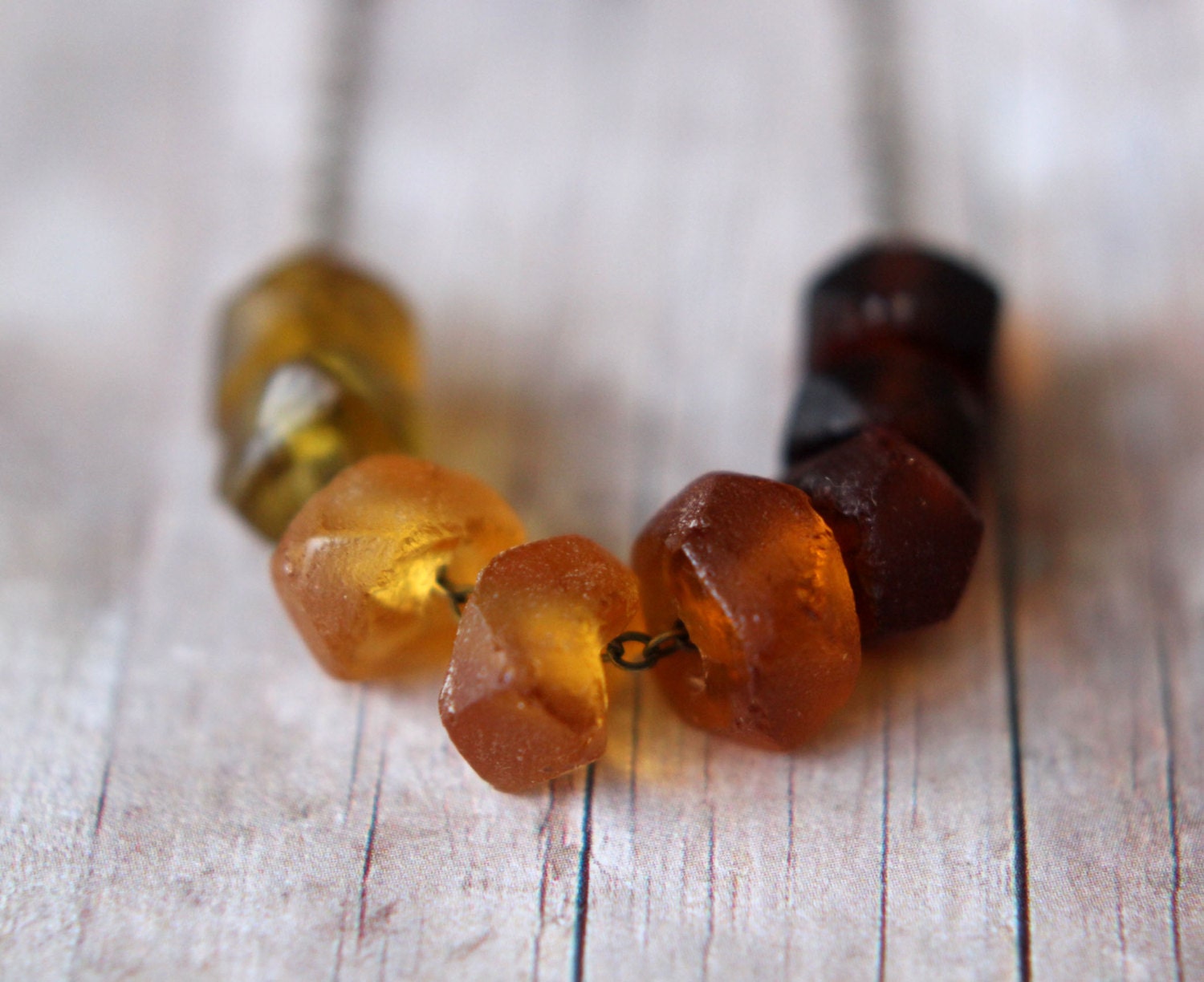 Recycled Glass Ombre Necklace - Amber Brown Beach Glass -Brass Chain - Gift Box - Reclaimed Materials - Yellow, Orange, Brown