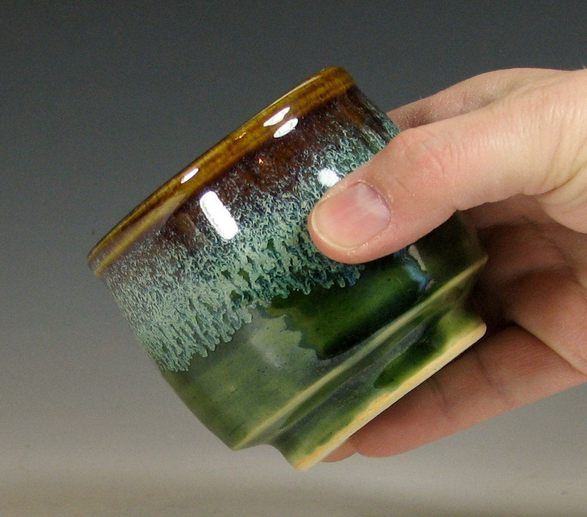 Tea cup, small tumbler ceramic, juice glass, glazed in green brown, handmade stoneware by hughes pottery