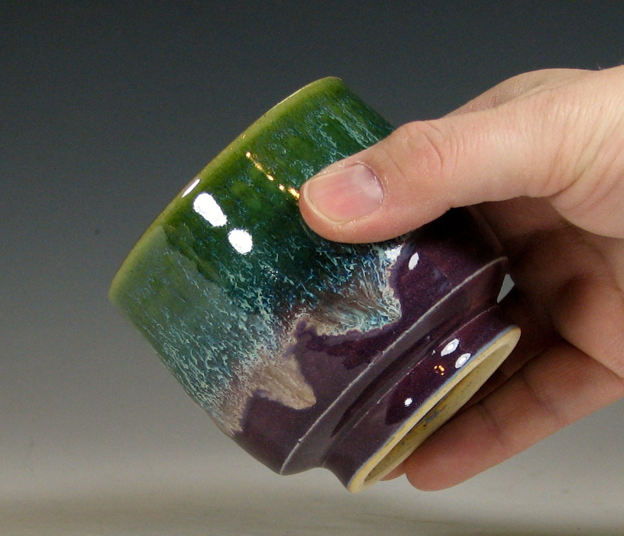 Tea cup, small tumbler ceramic, juice glass, glazed in purple green, handmade stoneware by hughes pottery