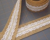 Natural Burlap with Beige Burlap and Ivory Lace Ribbon - 2 inch x 3 yards