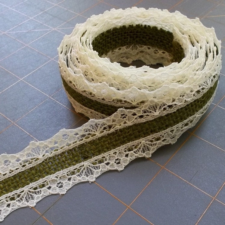 Skinny Moss Green Burlap and Lace Ribbon - 1 inch x 3 yards