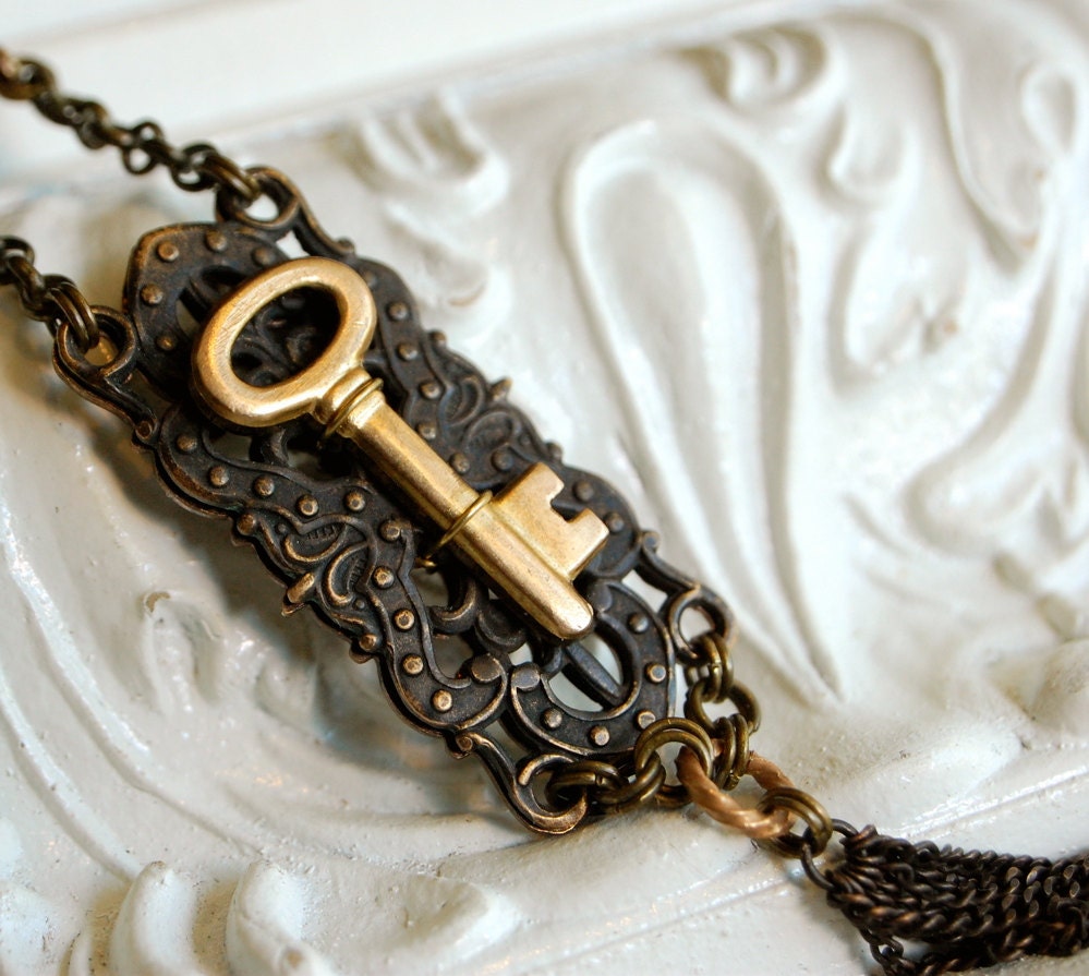 lady of the keep - victorian medieval inspired brass key filigree tassel necklace