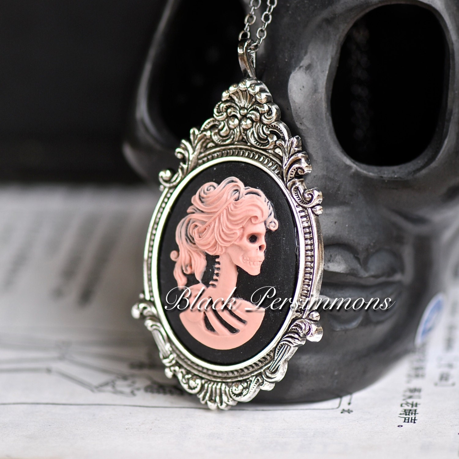 NEW - Miss Skeleton Antique Silver Metalized Ornate Victorian Necklace - Pink Black Lolita Skull Skeleton Girl Cameo 40x30mm