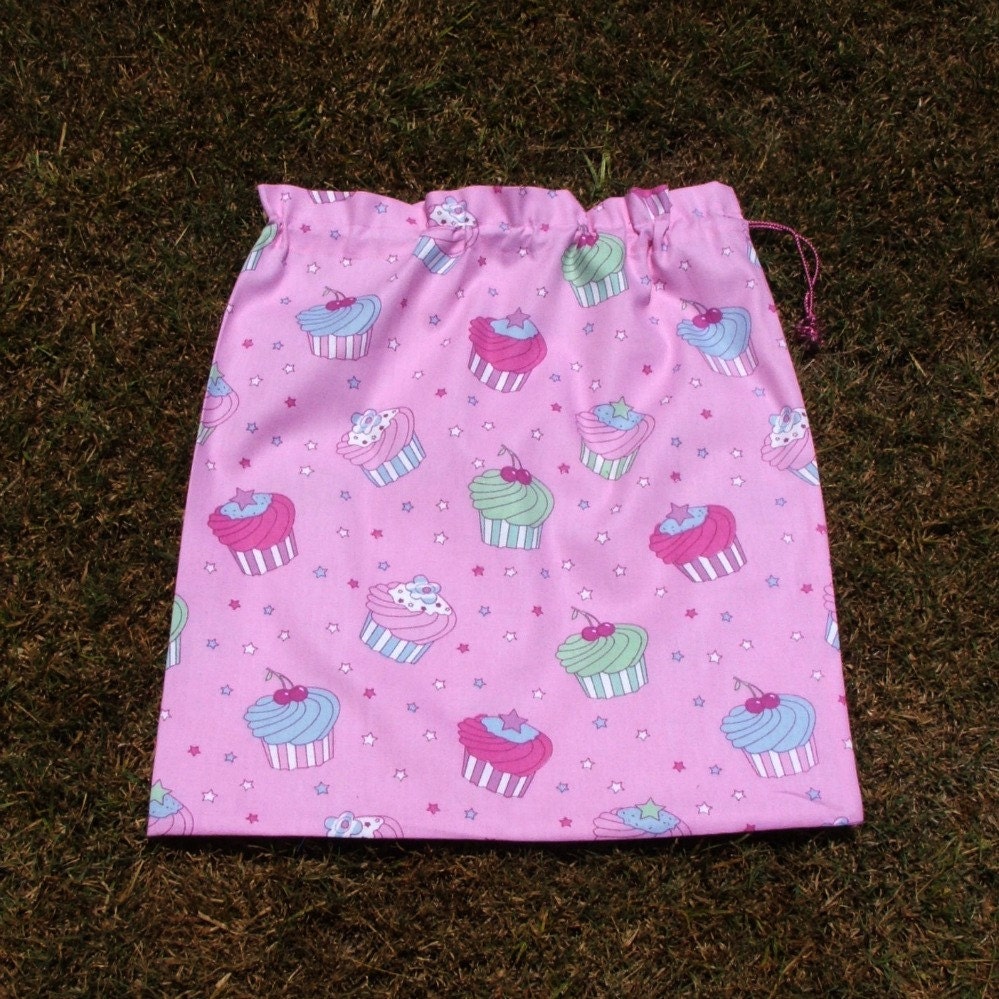 Library bag drawstring cotton cupcakes stars pink for toys school storage