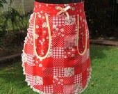Girls apron with extra large pocket, pretend play or cooking, red floral with lace trim