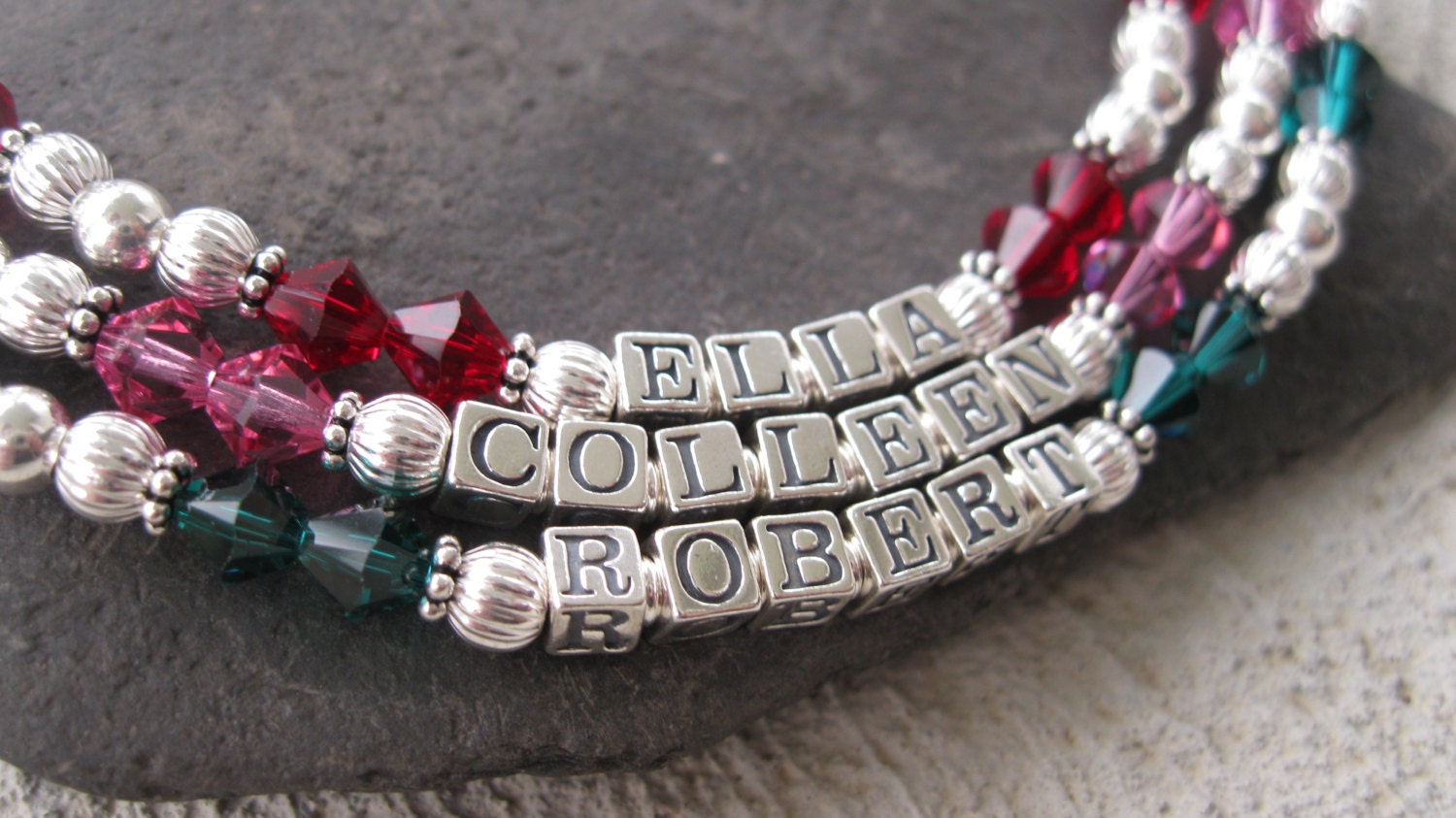Personalized Three Strand Mother's Name Bracelet- Sterling Silver, Swarovski Crystal- Mothers Day, Anniversary, Birthday,