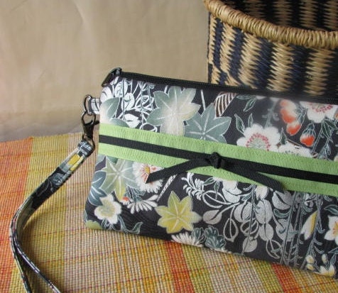 Wristlet- Black, Sage Green, Silver Asian Floral