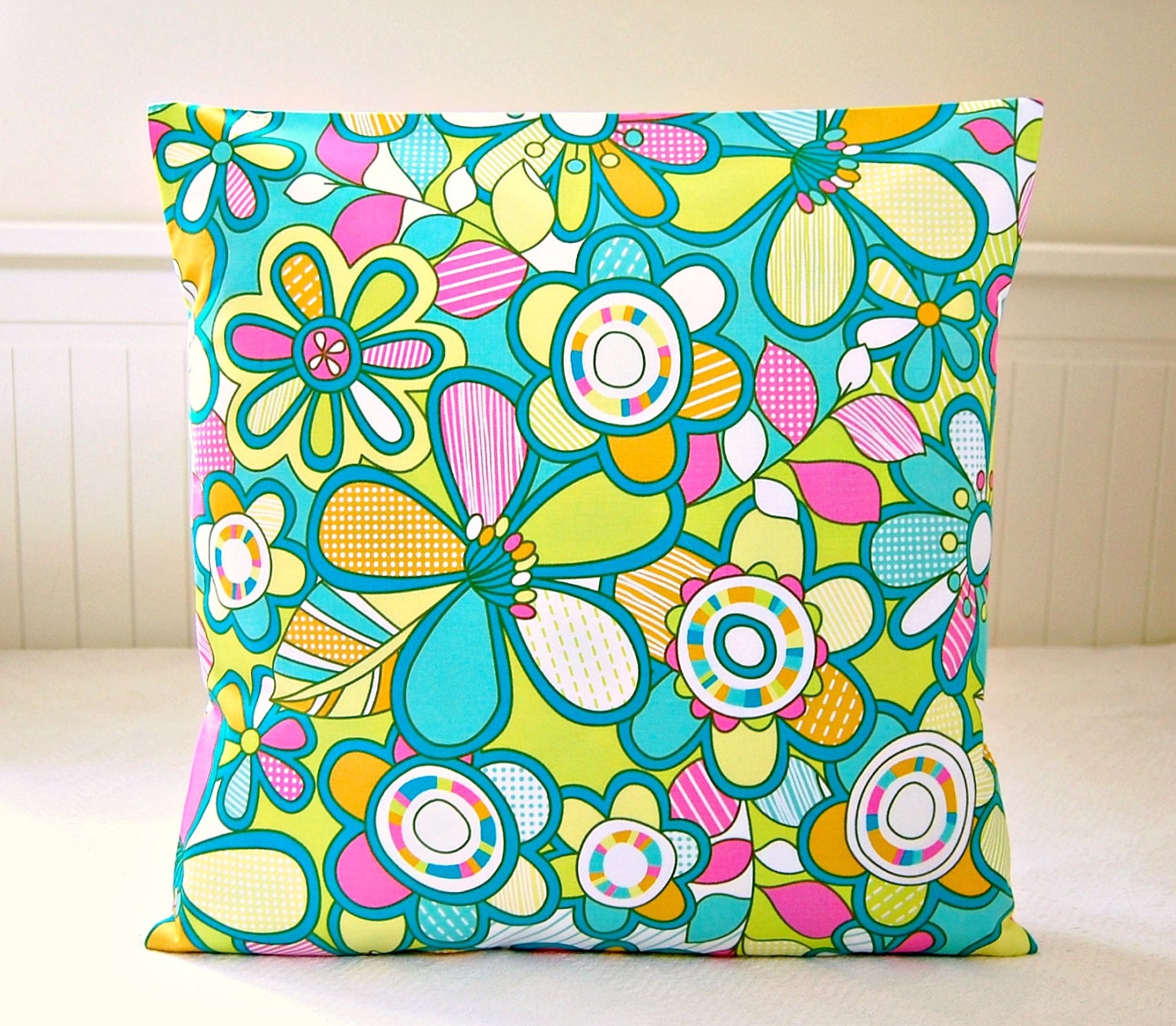 retro style cushion cover, teal blue lime pink white flowers floral decorative pillow cover 16 inch