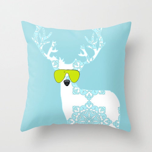 Blue Damask Reindeer Throw Pillow 18" x 18"  - deer pillows, throw pillows, decorative throw pillows, novelty throw pillows