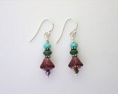 Simple Purple Flower Earrings with Turquoise & Green Stones, Aurora Borealis Crystals and Sterling Silver