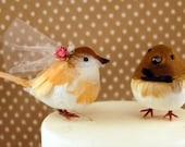 Farm Wedding Cake Topper: Chickadee Bride & Groom Wedding Cake Topper in White, Brown and Orange