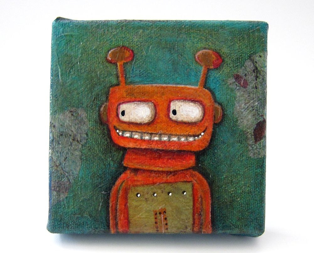 Reggie, the watchful robot - small original robot painting outsider folk art