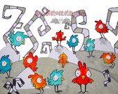 Ralphie Montage cartoon bird creature lowbrow colorful silly fantasy humor art Poster 11 x 14 signed