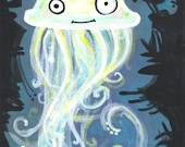 Mel Original Cartoon Aquarium Jellyfish acrylic painting 5 x 7 comic lowbrow humor Art
