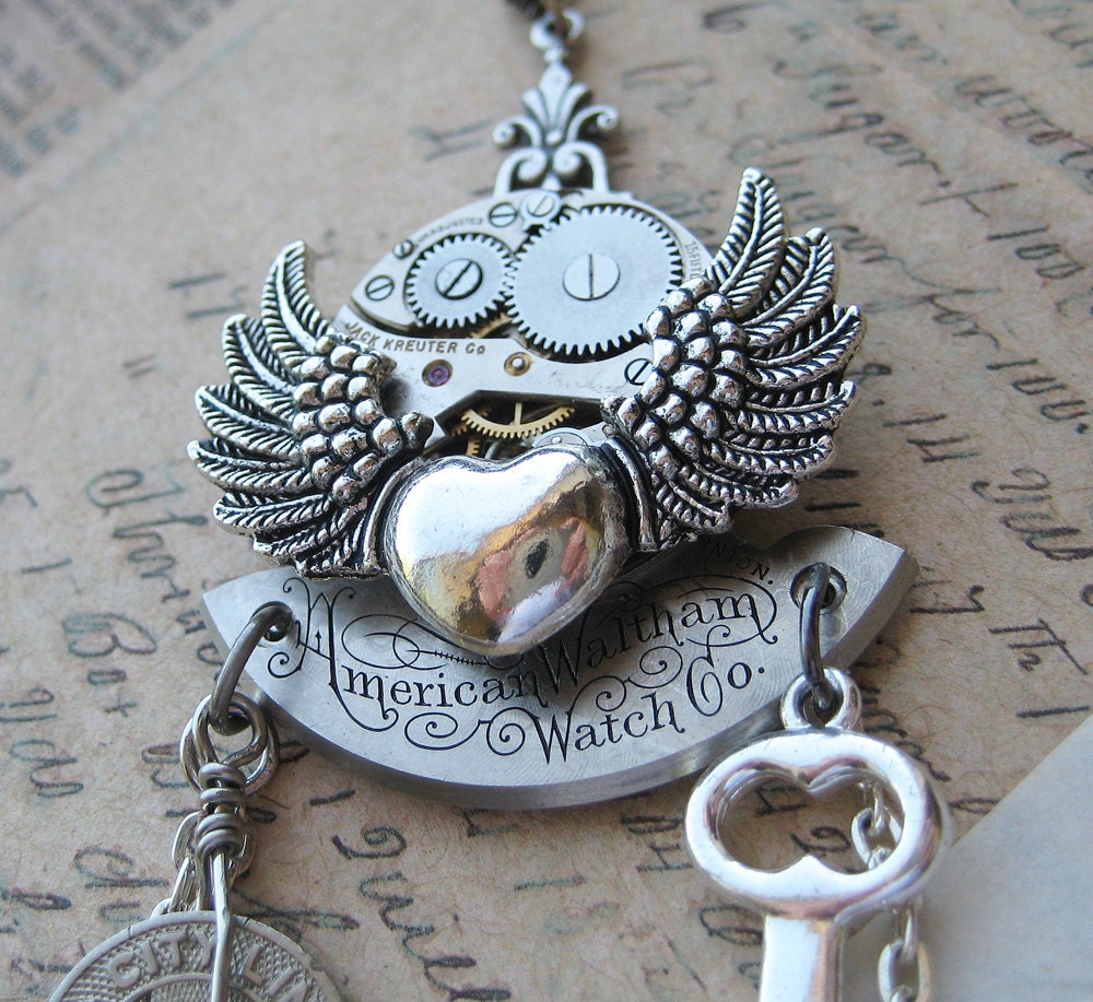 Steampunk Necklace Silver Heart WINGS Vintage Key transit token glass beads pearls 1920 watch face parts