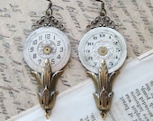 Antique Earrings engraved silver watch parts drop pearl art nouveau deco vintage finding
