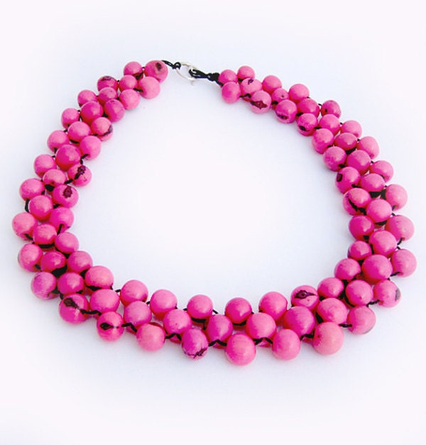 Chunky Bead Choker Necklace, Big Pink Bead Necklace, Beadwork Necklace, Acai Necklace, Pink Choker