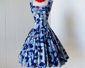 vintage 1950's dress ...gorgeous rare HALE HAWAII blue hawaiian cotton floral shelf-bust double strap full circle skirt pin-up sun dress
