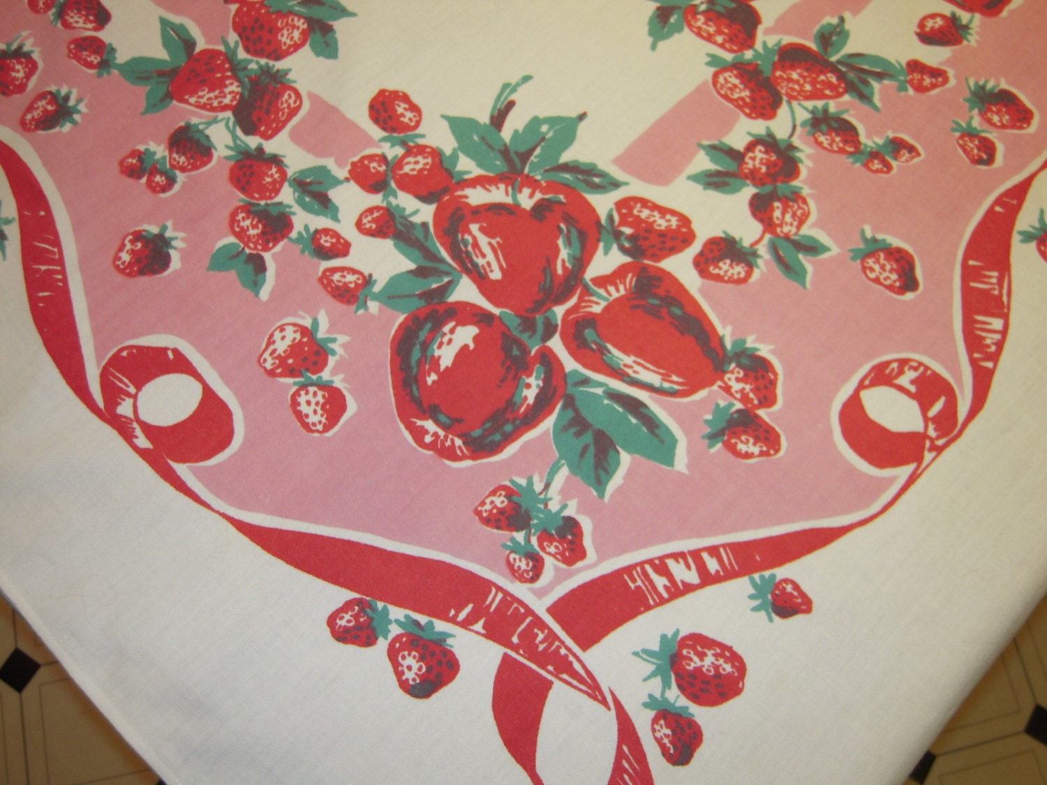 Vintage Tablecloth Apples Strawberries & Bows