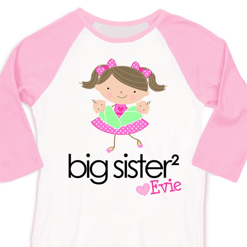 Big sister to twins squared personalized stick figure 3/4 sleeve length pink/white raglan shirt Tshirt