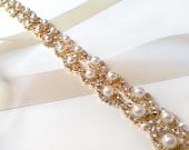 Crystal Pearl Weave Bridal Belt Sash in GOLD - Custom Ribbon - White Ivory Silver - Rhinestone Pearl - Wedding Dress Belt - Extra Long