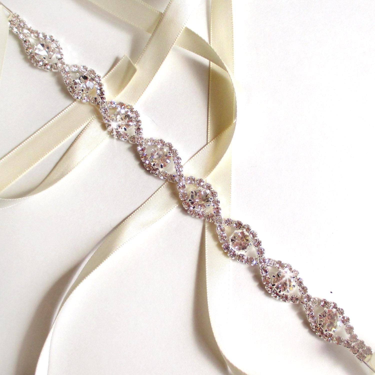 Infinity Rhinestone Bridal Headband - White or Ivory Satin Ribbon - Silver and Crystal - Thin Wedding Dress Belt