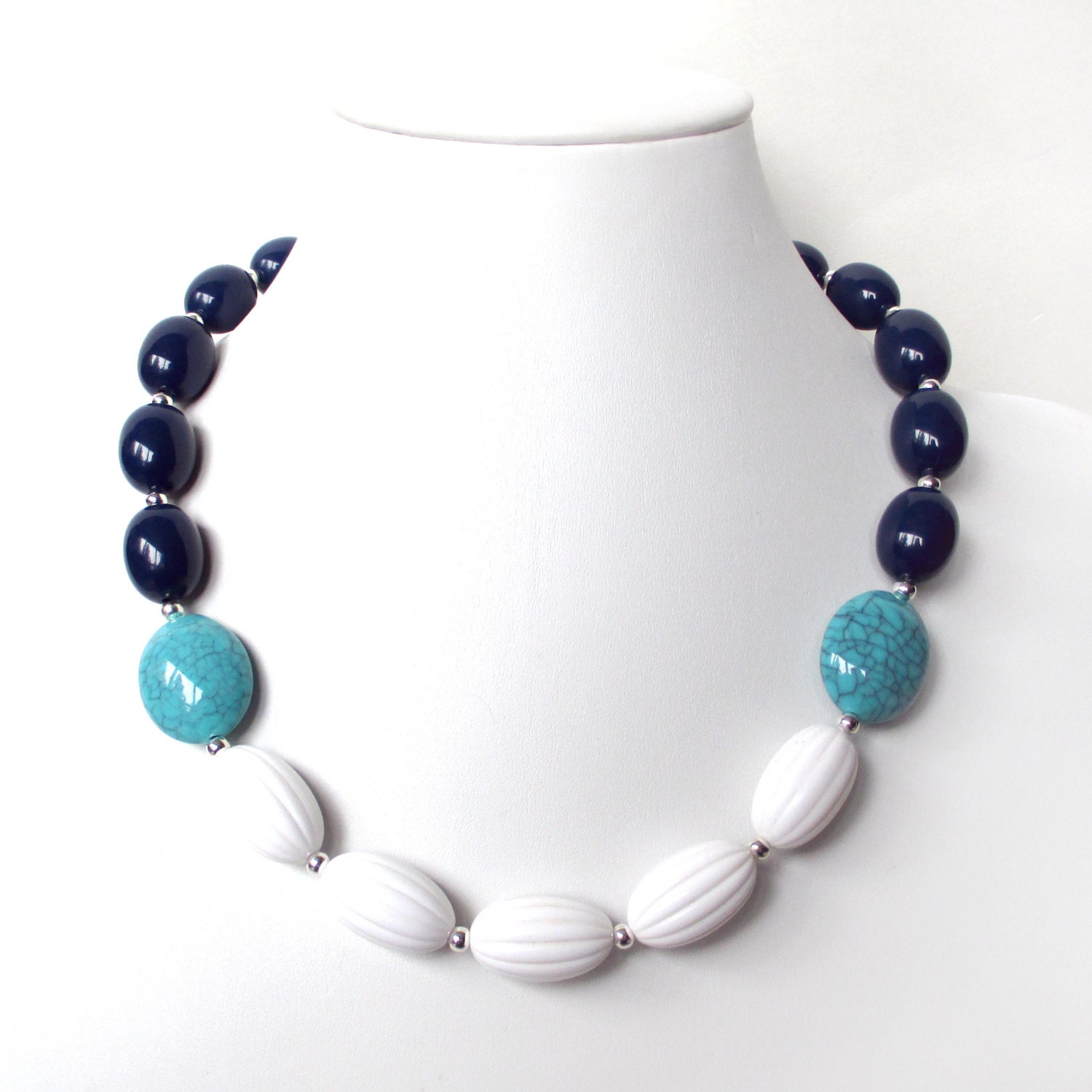 Navy Blue Nautical Necklace - Vintage Acrylic Beads - Turquoise Chunky Necklace - Beaded Necklace