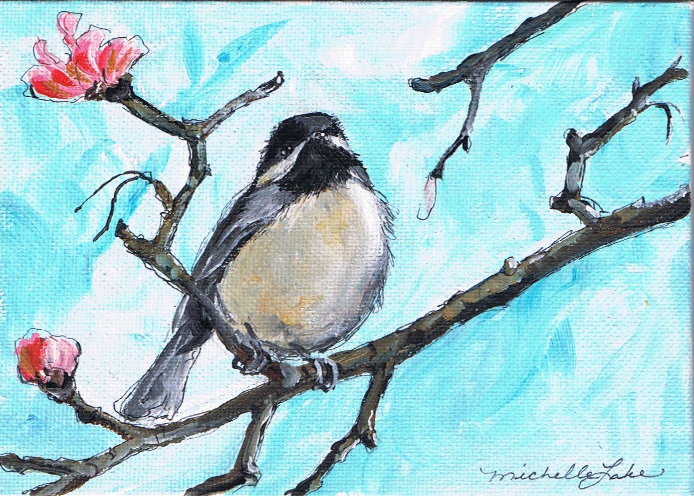Chickadee Painting  One Chickadee with Pink Blossoms original acrylic painting