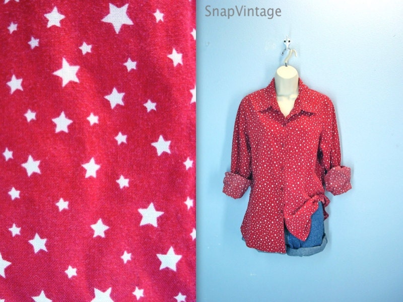 Vintage Red Blouse / 80s Patriotic Stars Shirt / July 4th