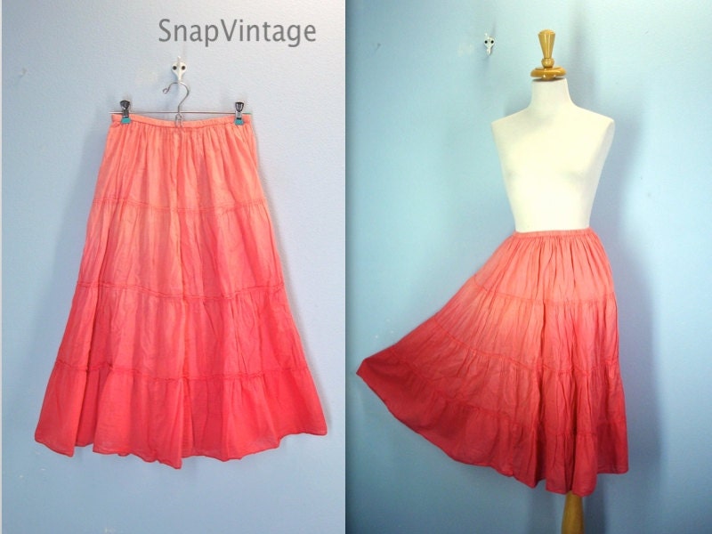 Vintage Gauze Skirt / Cotton Gradient Skirt / Coral Peach Skirt/ 1980s Skirt