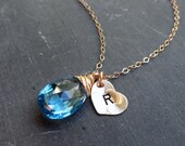 ON SALE Personalized Necklace, Gold Initial necklace, Bridesmaid gifts, birthstone necklace, bridesmaid gifts, swiss blue topaz, december b