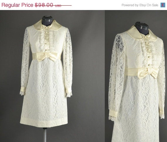 25% Off Sale Vintage 1960s Dress mini lace satin white long sleeve wedding dress mod