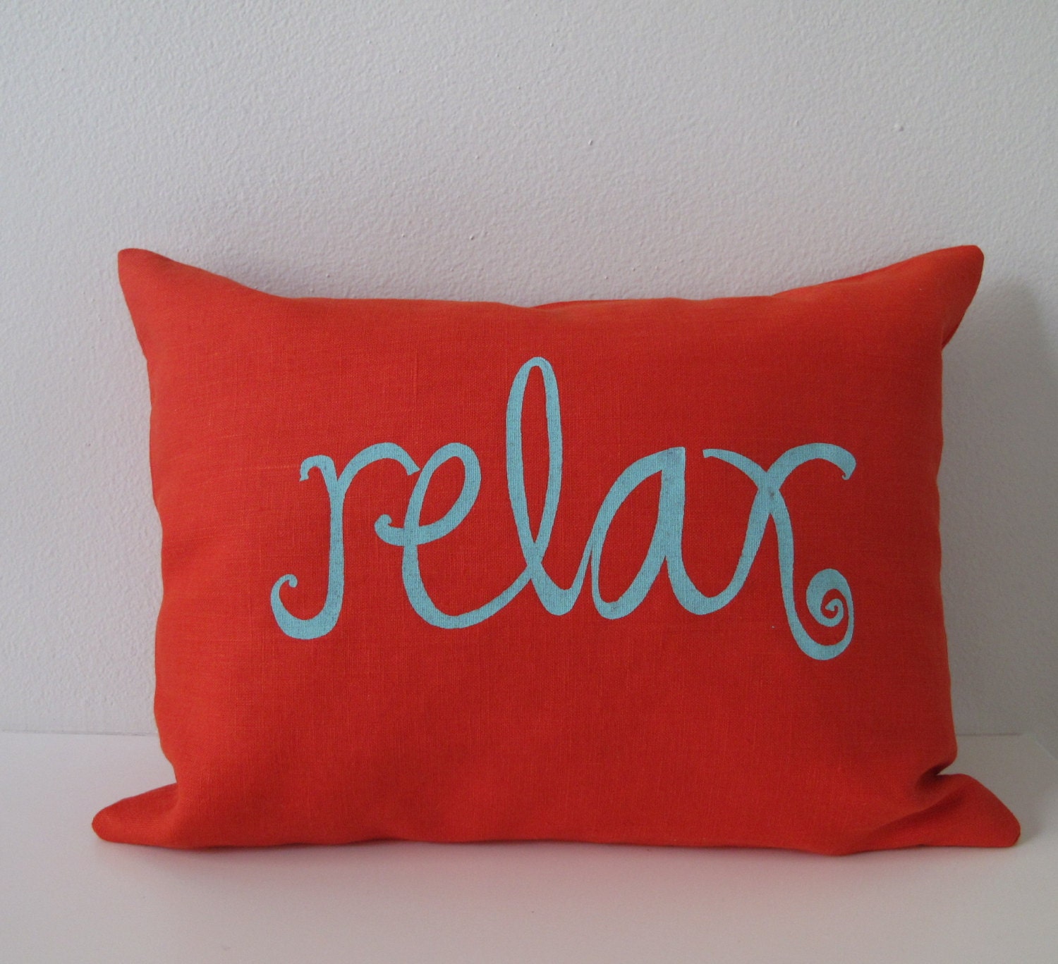 Relax Decorative Pillow Cover Cushion Cover in Aqua Blue on Orange Linen  - 12 x 16 inches