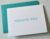 Letterpress folded thank you card - teal green striped serif font