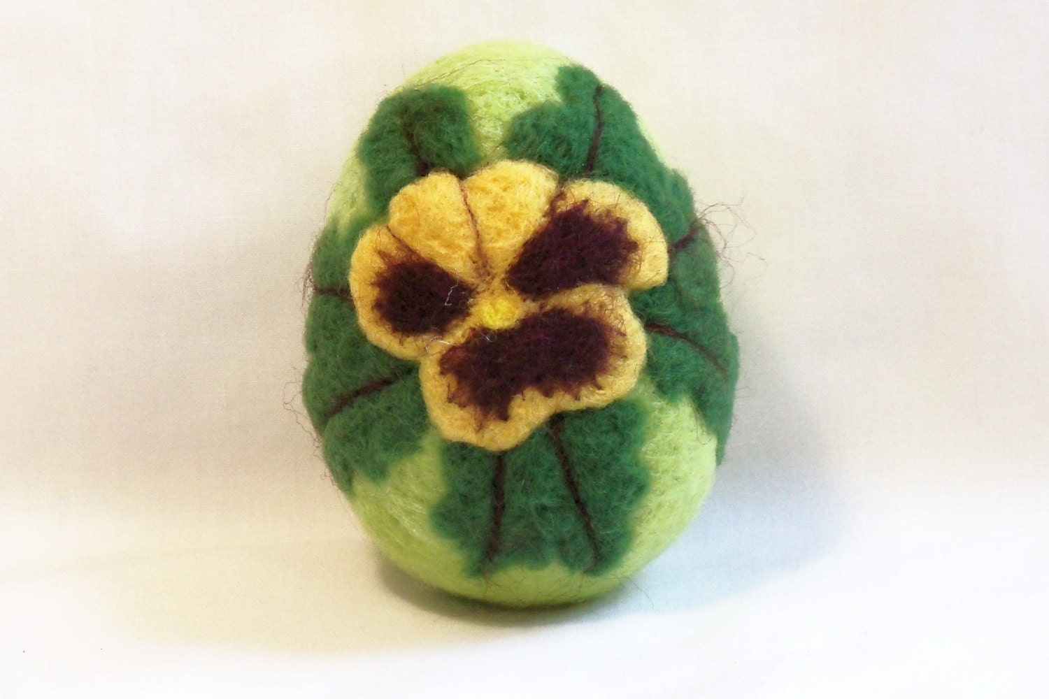 Needle Felted Easter Egg - Yellow and Maroon Pansy on Chartreuse Egg