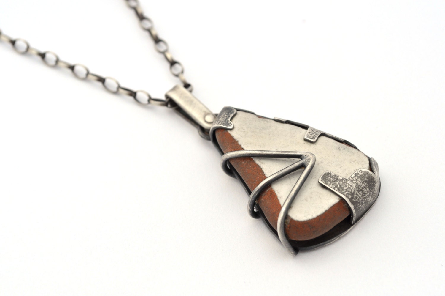Sterling Silver Necklace with White Beach Pottery and Textured Fine Silver Bezel,  One of a Kind Jewelry, Statement Necklace, Beach Jewelry