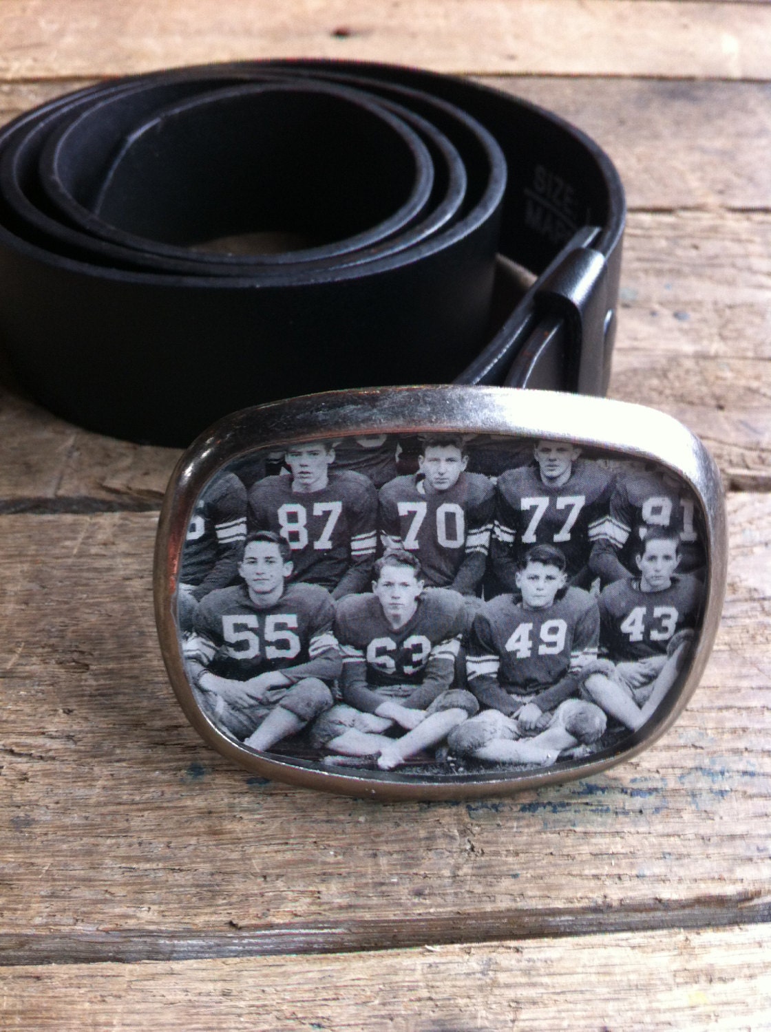 go team go - repurposed vintage yearbook boys football photo pewter buckle & belt
