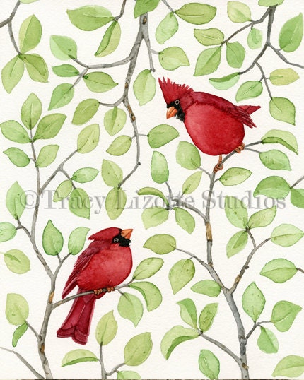 Cardinals in Leaves No 1 - 8x10 ORIGINAL watercolor painting by Tracy Lizotte